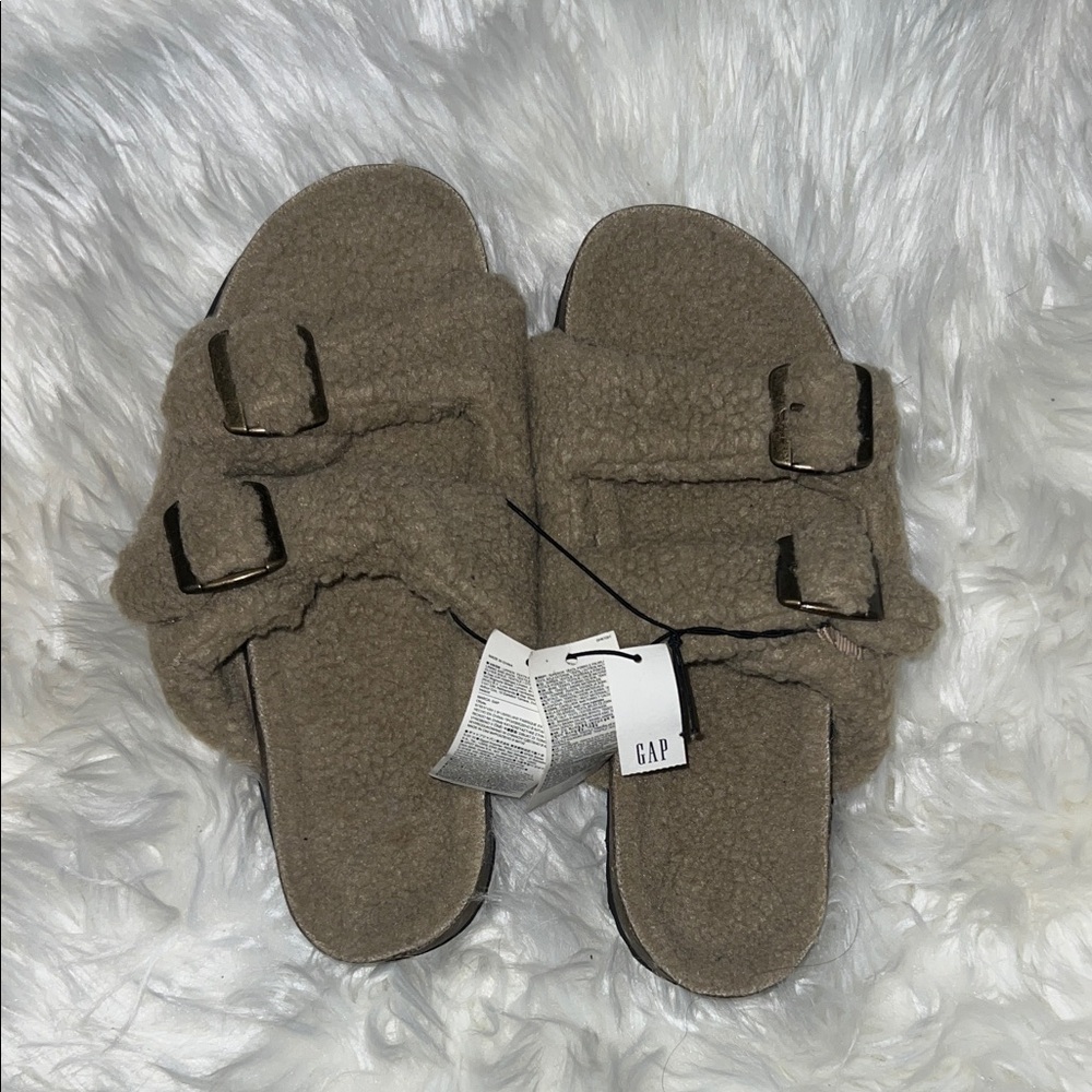 GAP Taupe Fuzzy Buckle Sandals